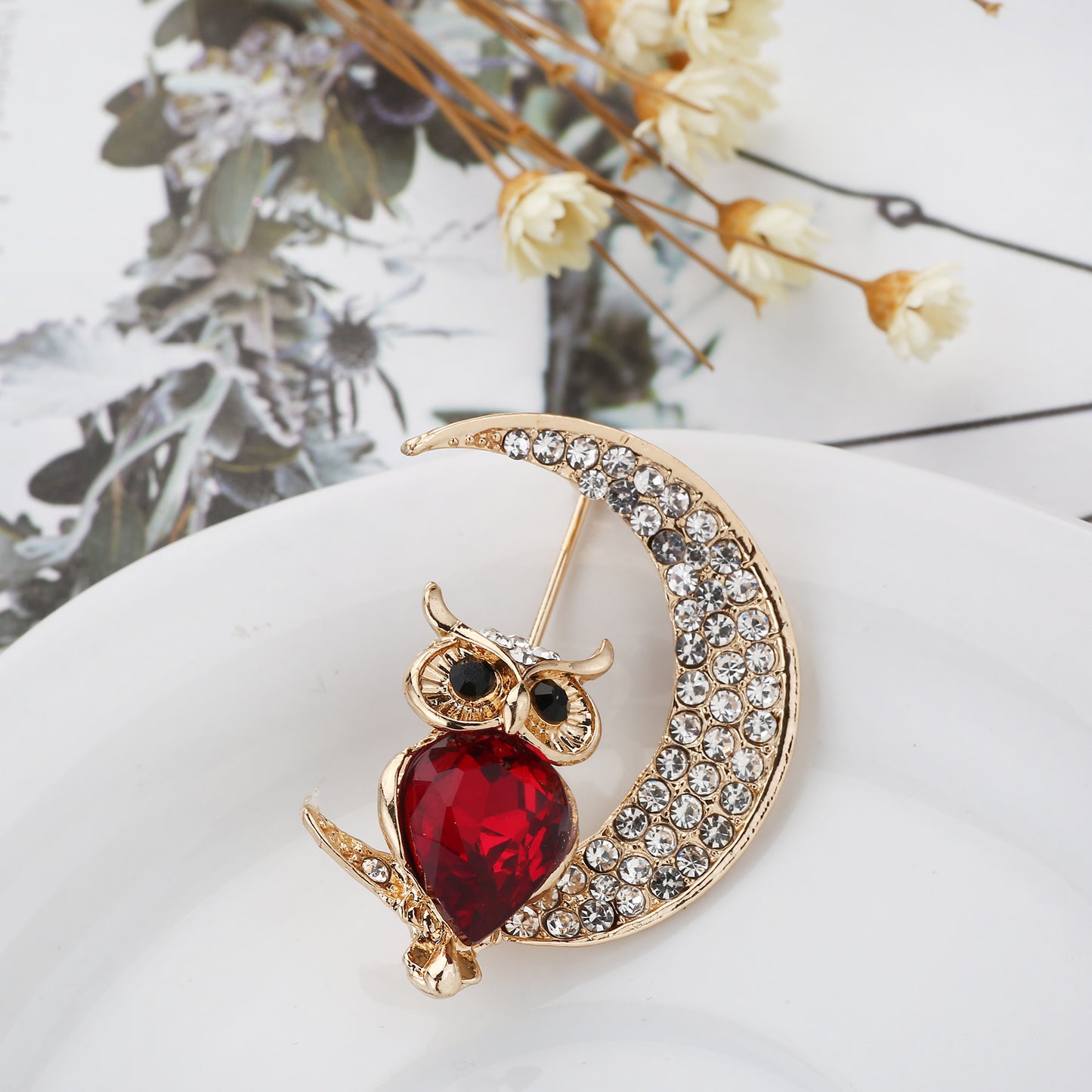 Close-Up of Crystal Owl Brooch Image 2