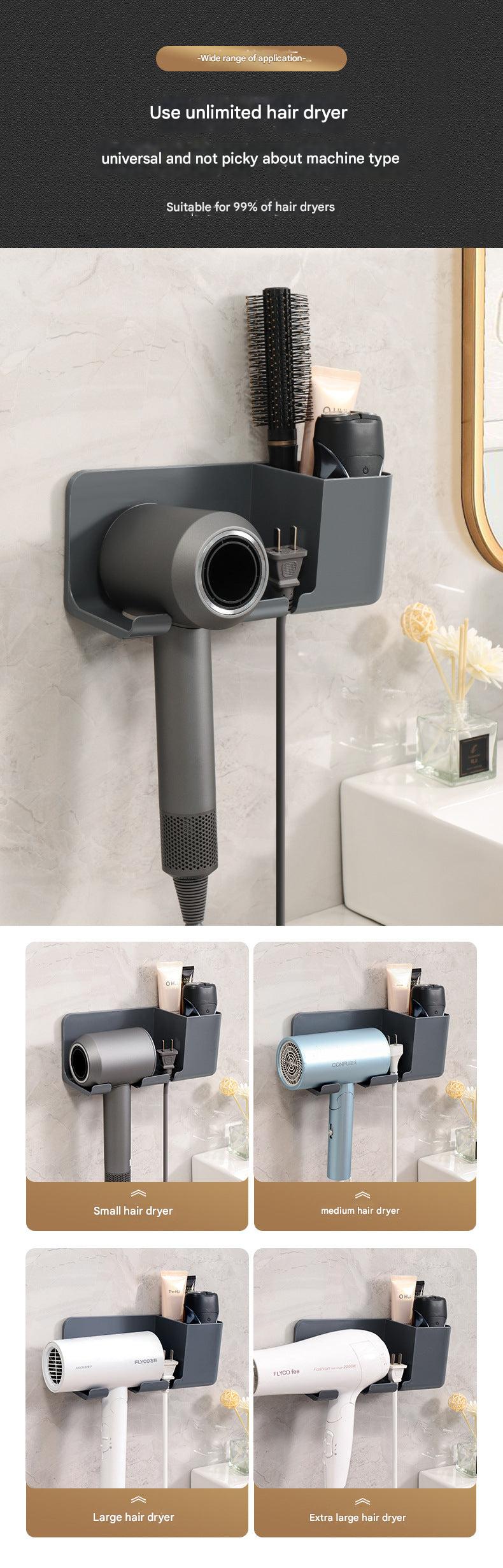 Wall-mounted hair dryer holder in bathroom organization