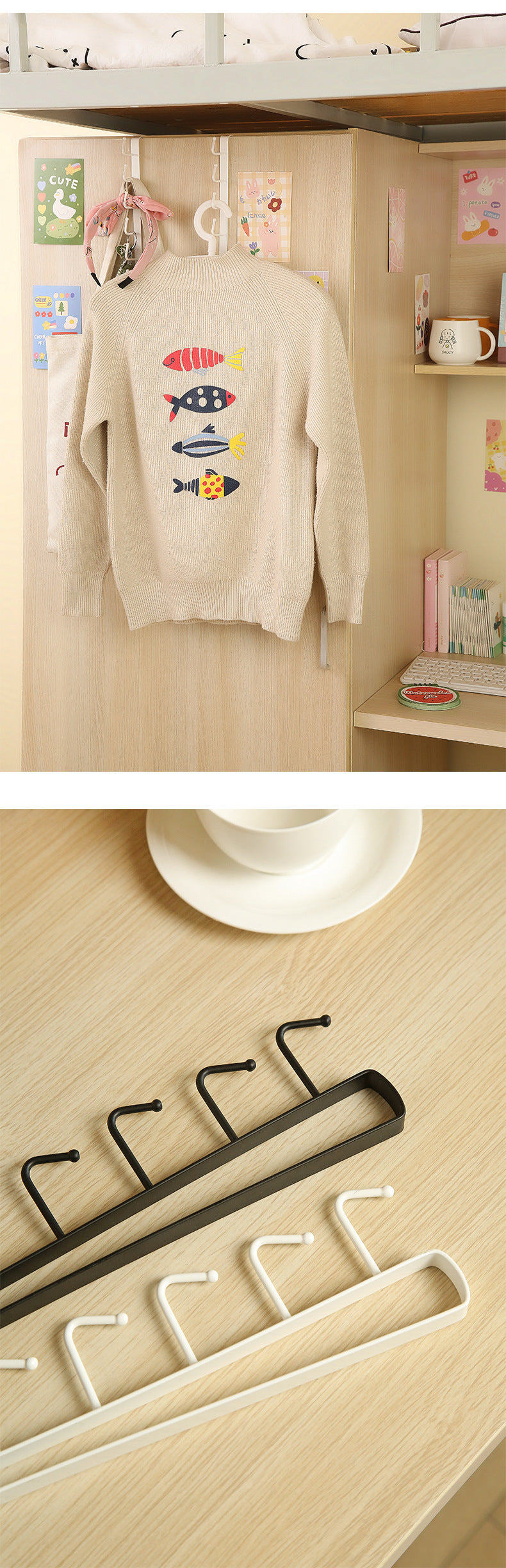 Wall-mounted coat rack with bags and hats