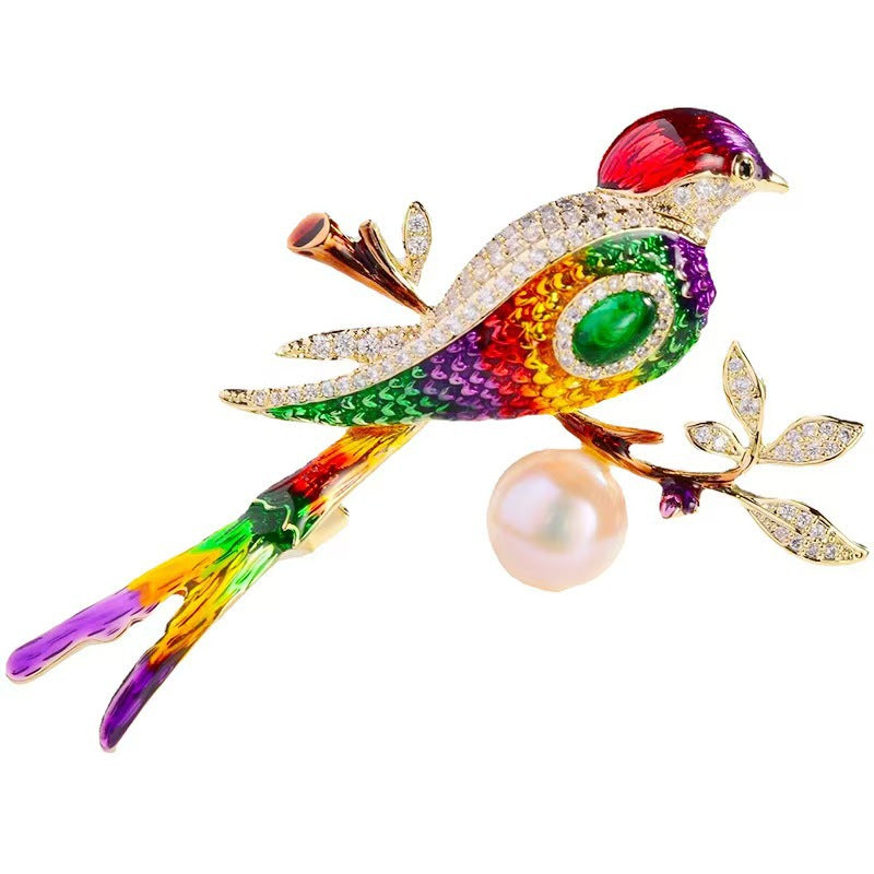 Chic Enamel Magpie Brooch displayed on fabric