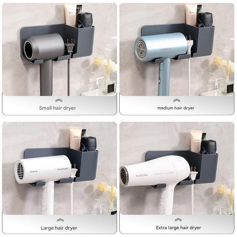 Wall-mounted hair dryer holder in bathroom organization