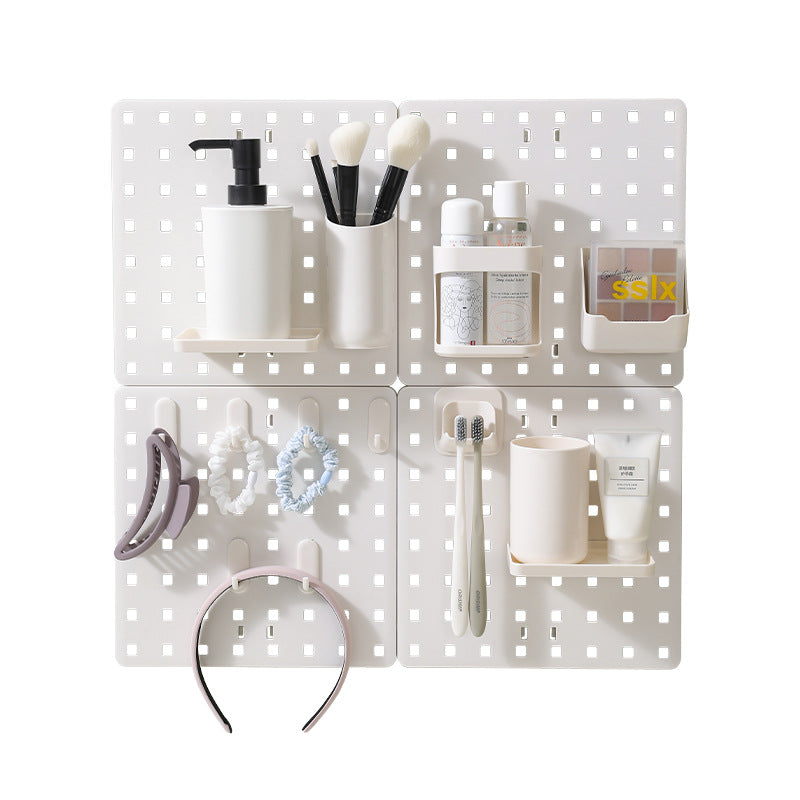 Pegboard organizer in a bathroom setting