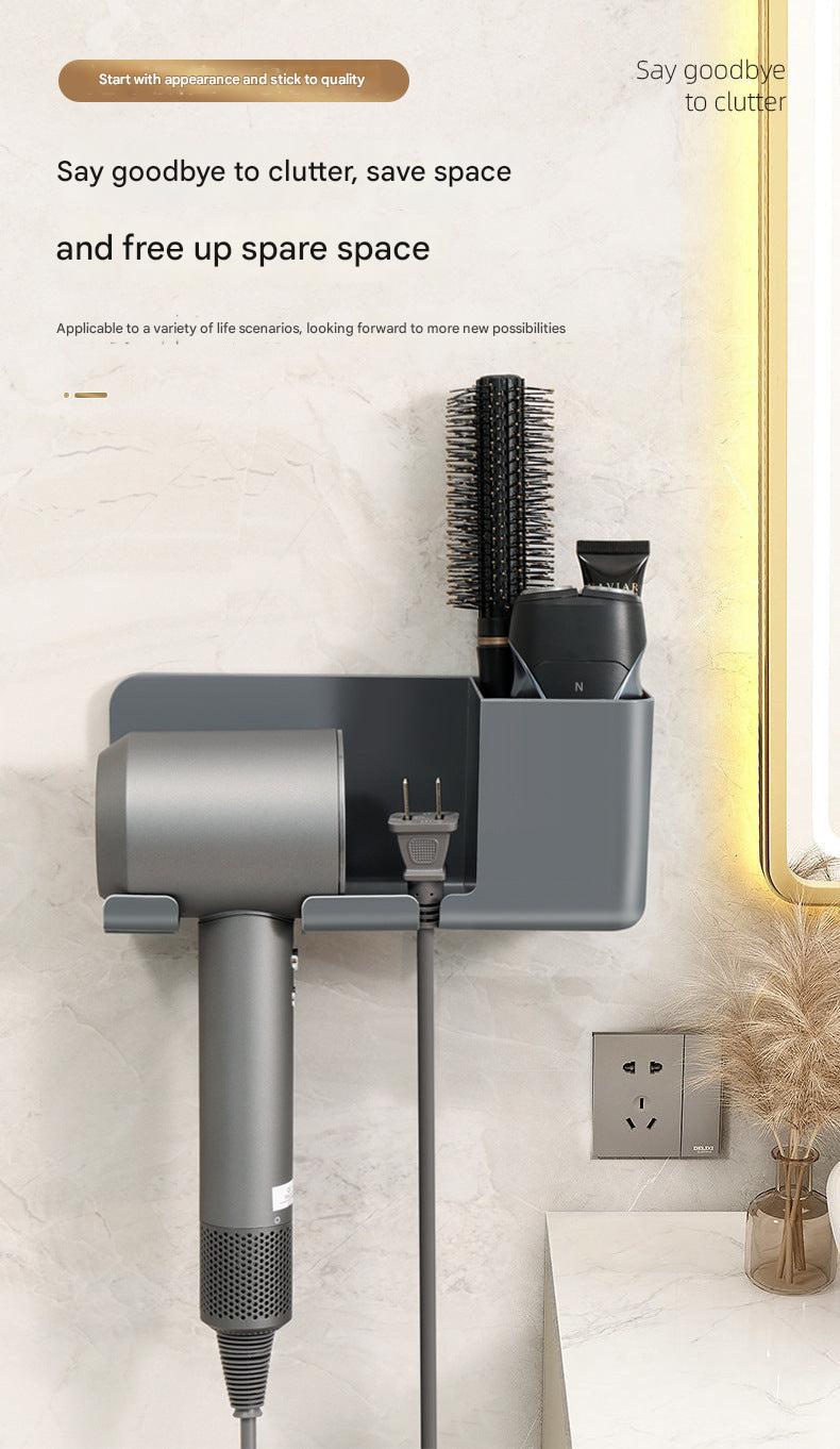 Wall-mounted hair dryer holder in bathroom organization