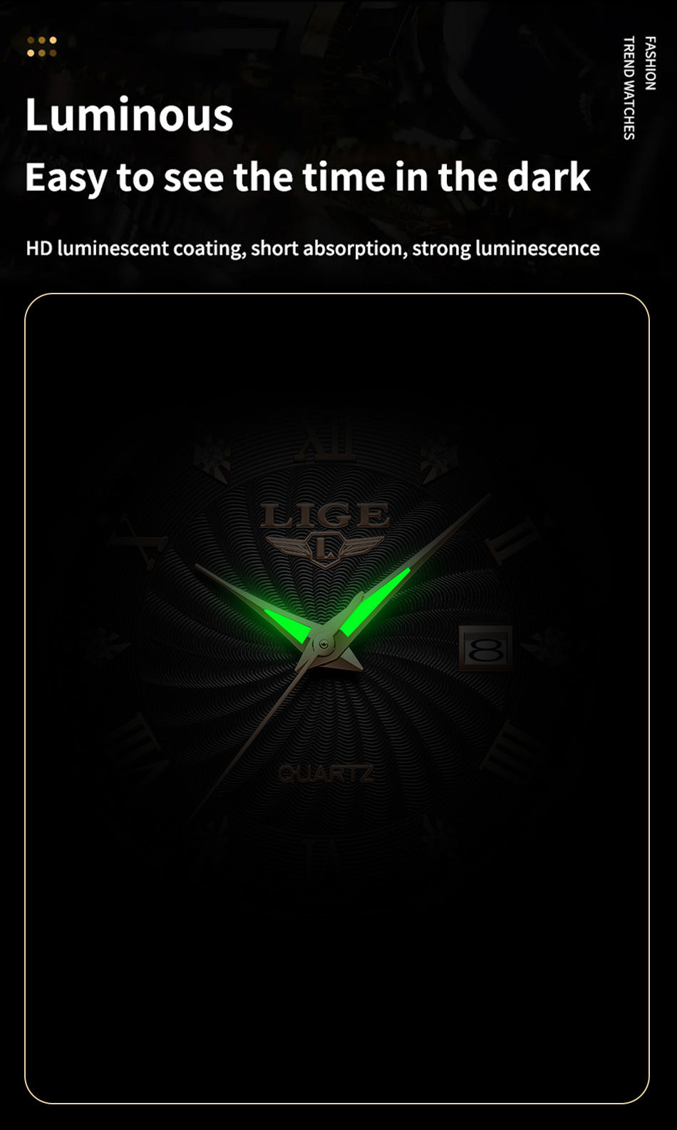 Stylish men's quartz watch with luminous dial