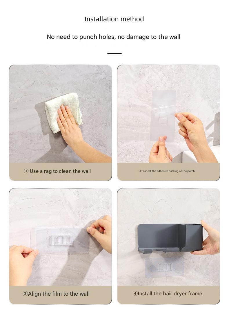 Wall-mounted hair dryer holder in bathroom organization
