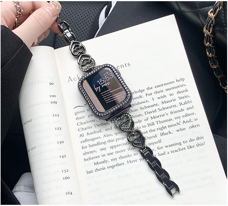 Stylish Heart-Shaped Metal Rhinestone Watch Band for Apple Watch Series 6/7/8/SE – Adjustable & Elegant