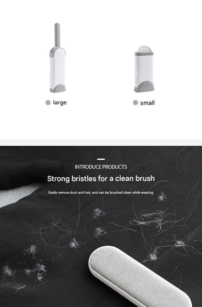 Double-sided pet hair remover brush displayed with pet hair