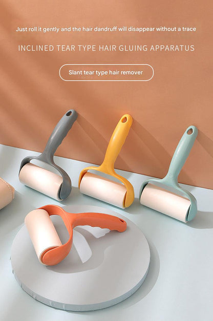 demonstration of using lint roller on fabric surface