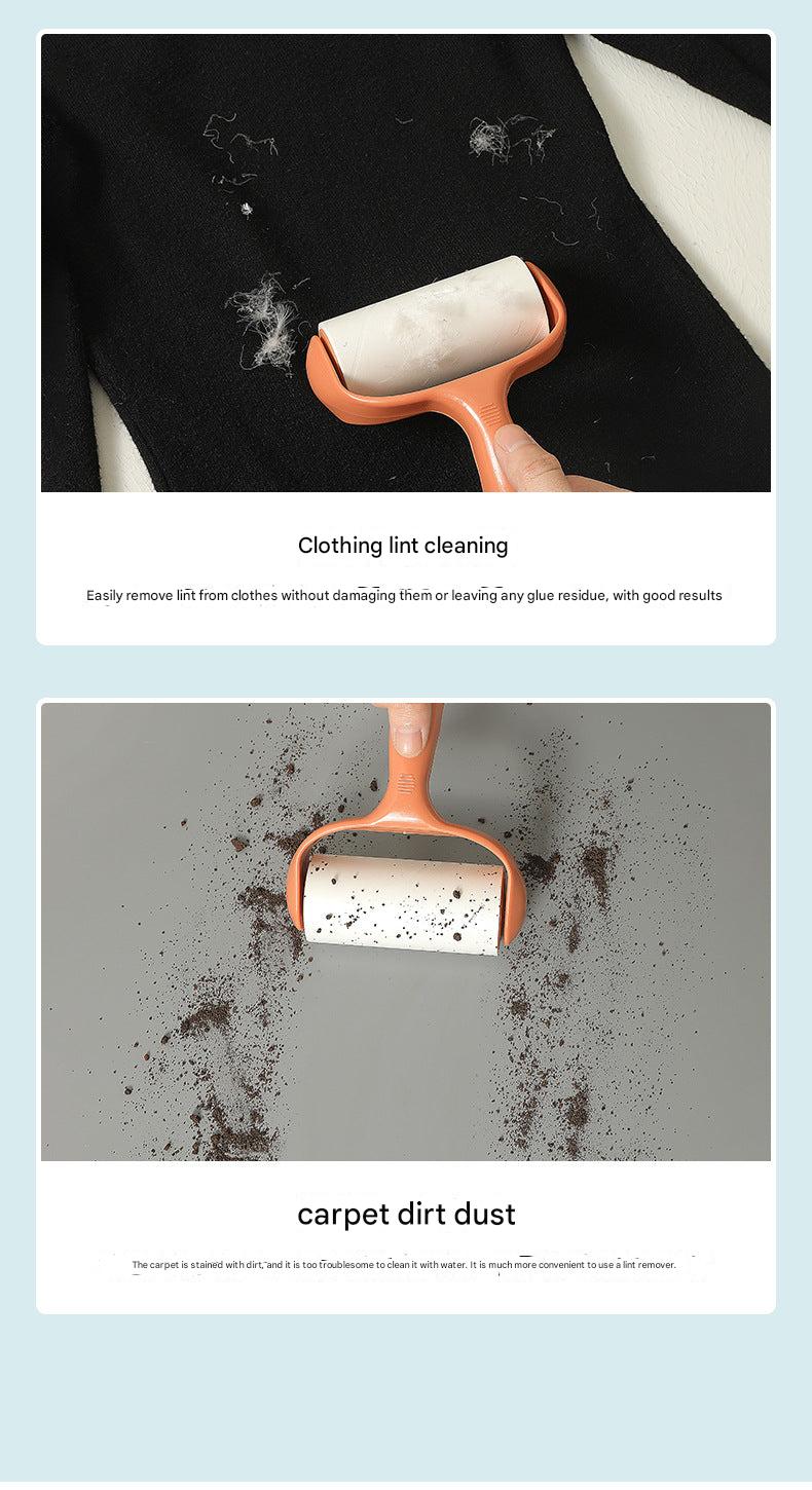 demonstration of using lint roller on fabric surface