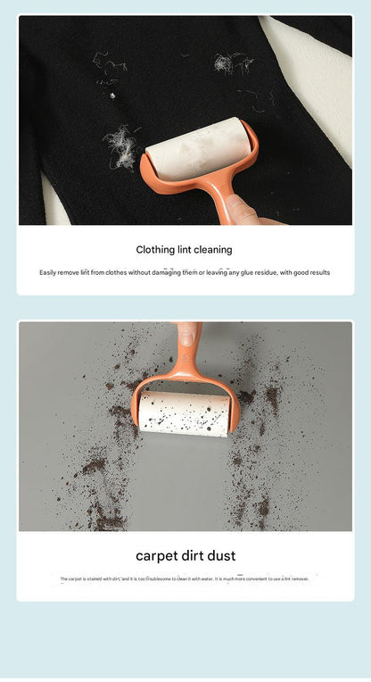 demonstration of using lint roller on fabric surface