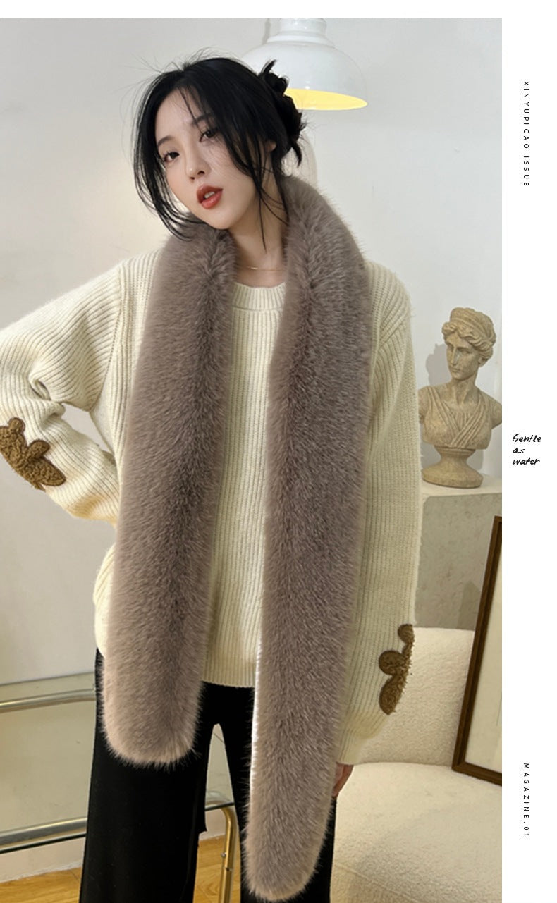 Faux fur long scarf in black color