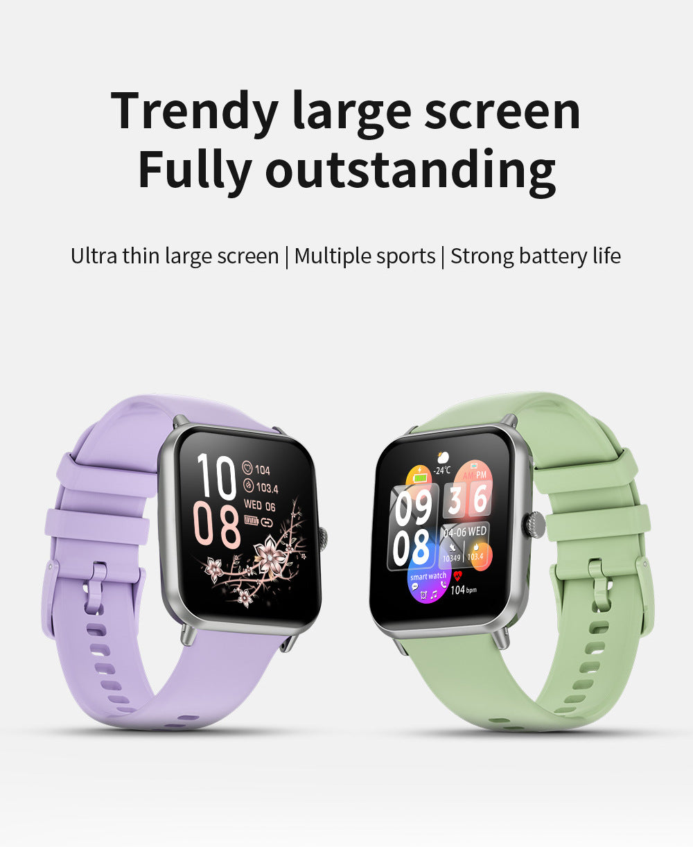 Colorful smartwatch options in pink, green, and black