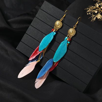 Closeup of blue feather tassel earrings