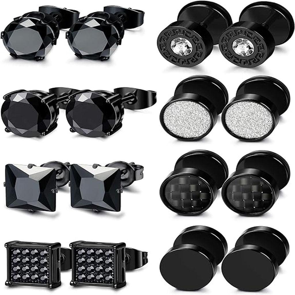 Black stainless steel stud earrings set for men and women