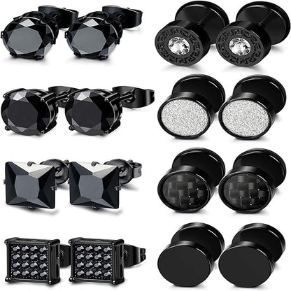 Black stainless steel stud earrings set for men and women