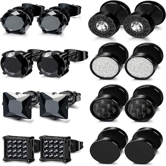Black stainless steel stud earrings set for men and women