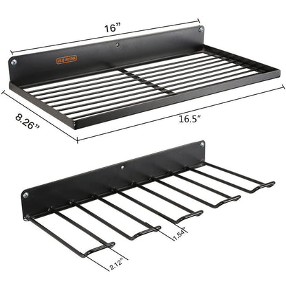 Various tools stored on wall-mounted rack