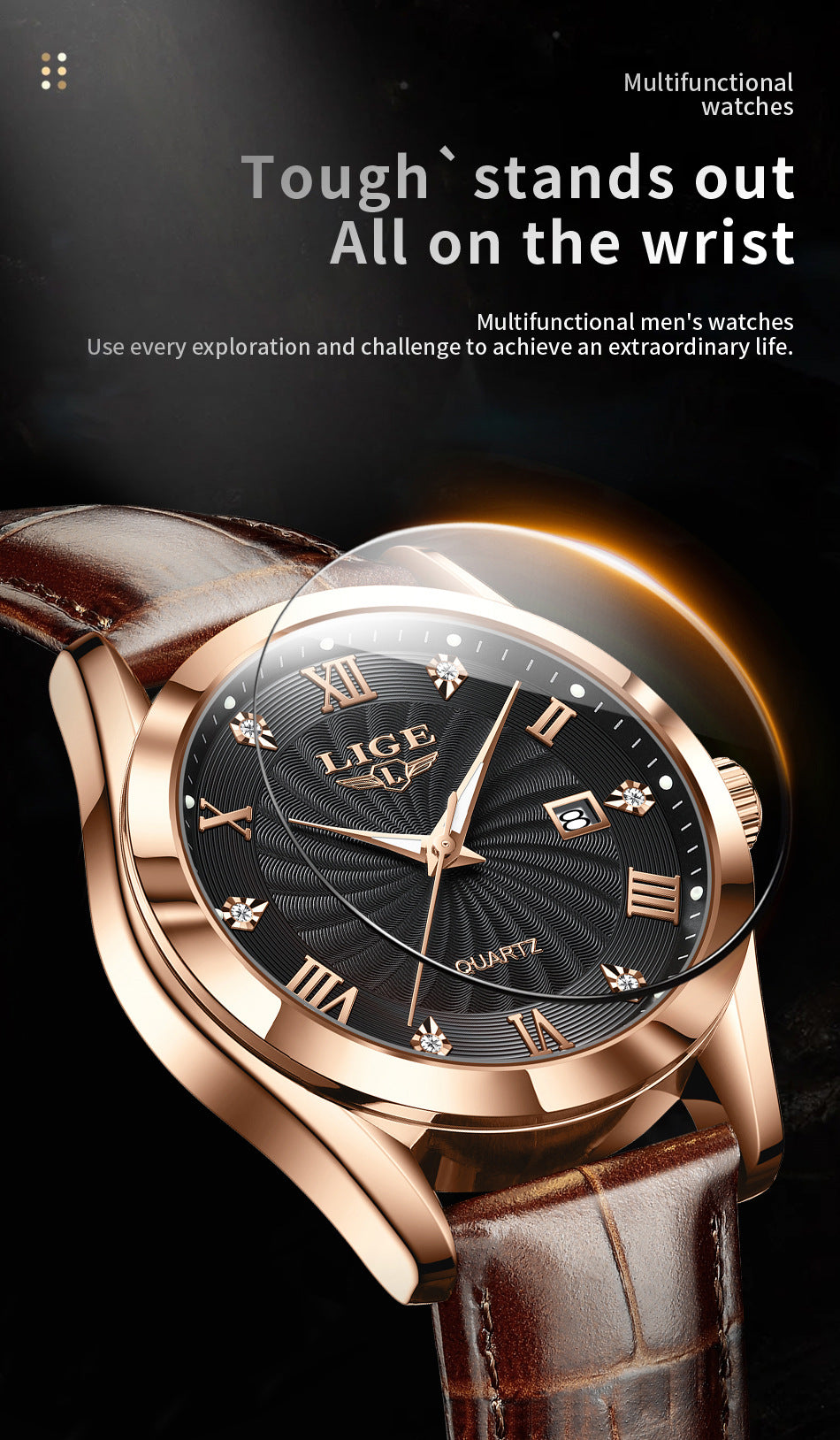 Stylish men's quartz watch with luminous dial