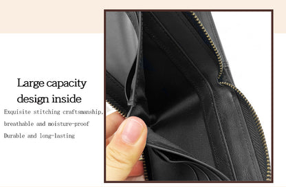 Black leather wallet with zipper and multiple card slots