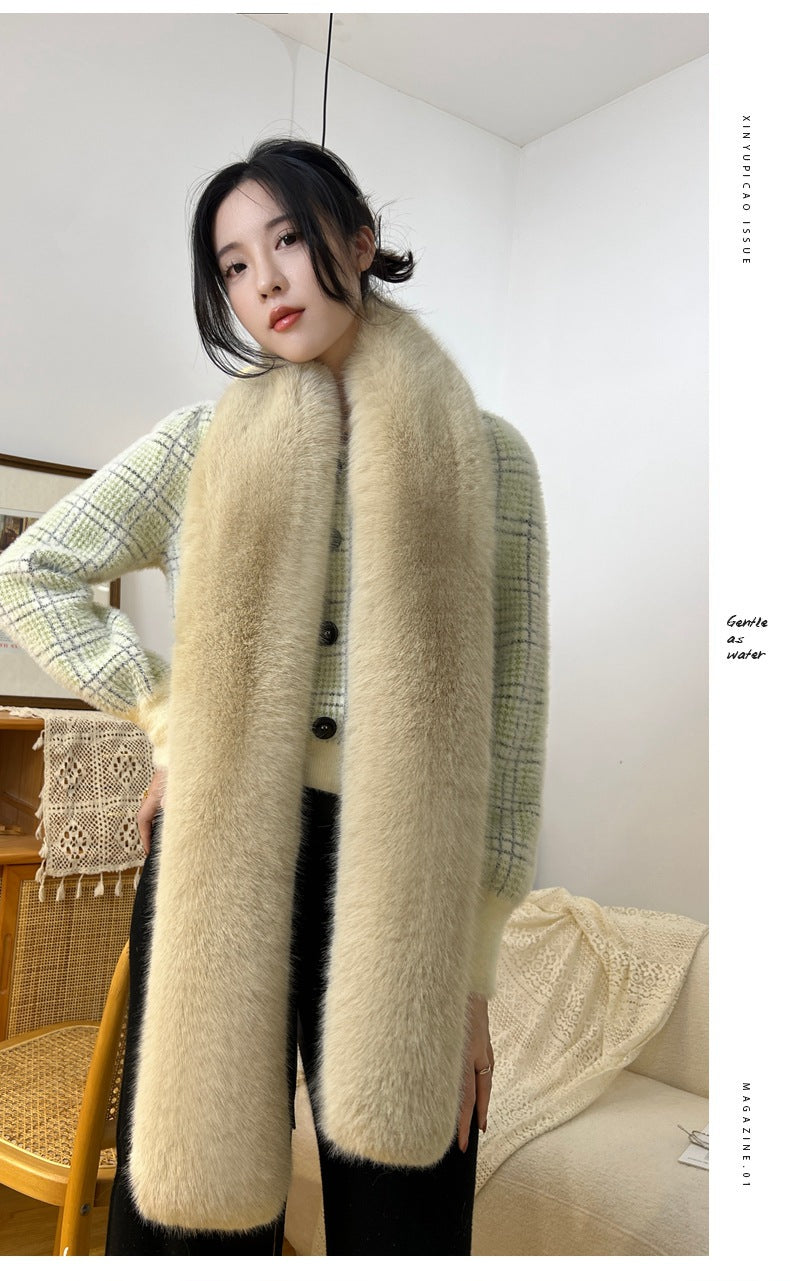 Faux fur long scarf in khaki color