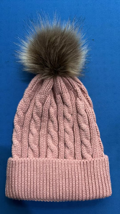 Knit beanie hat light gray with pom pom