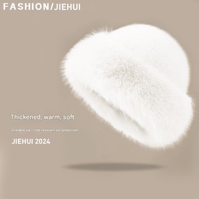 Faux rabbit fur winter beanie hat for women - white