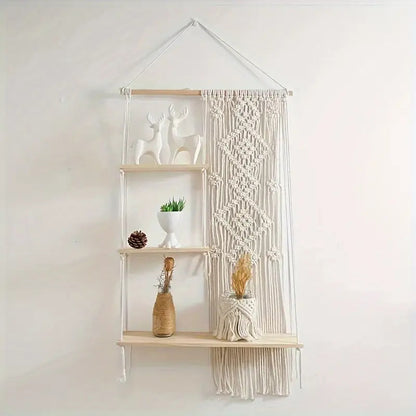 Cotton rope wall shelf with decorative plants