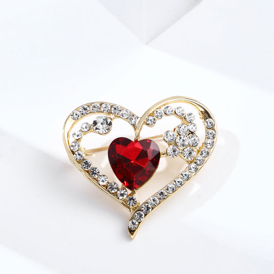 Heart shaped crystal brooch red rhinestone