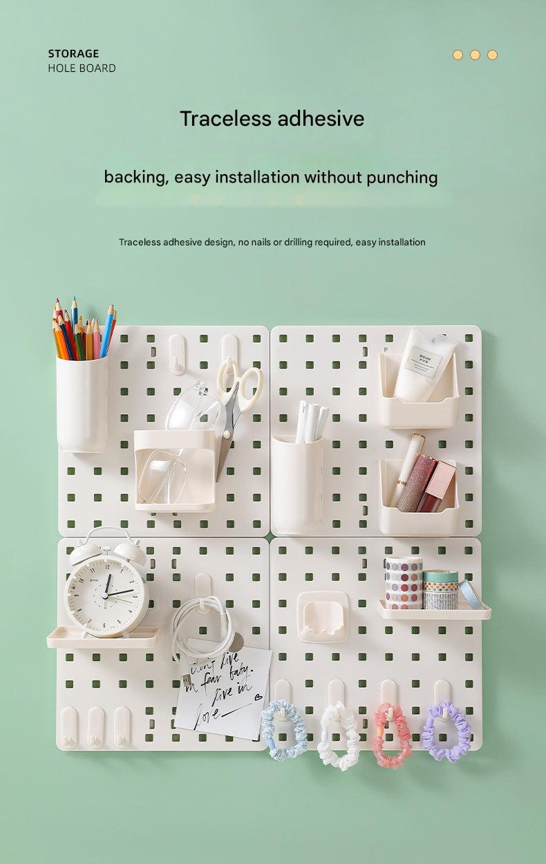 Wall-mounted organizer with colorful storage boxes