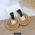 6 - Dark Green Stud Earrings Round Rattan