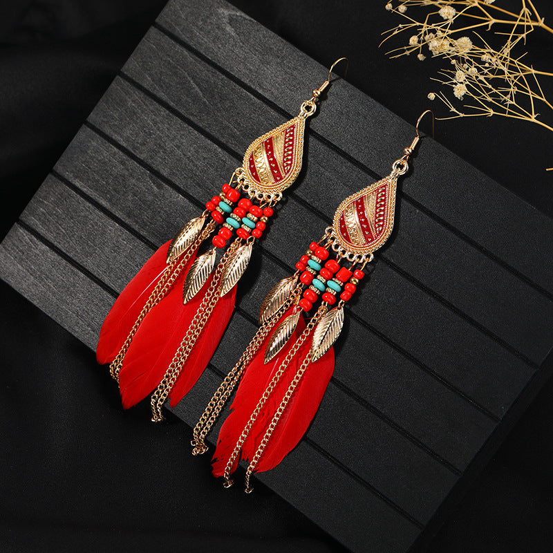 Closeup of blue feather tassel earrings