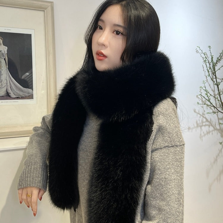 Faux fur long scarf displayed elegantly