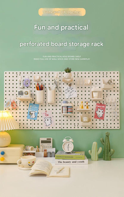 Dorm room setup with pegboard organizer