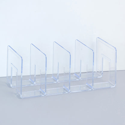 close-up view acrylic book stand multiple slots